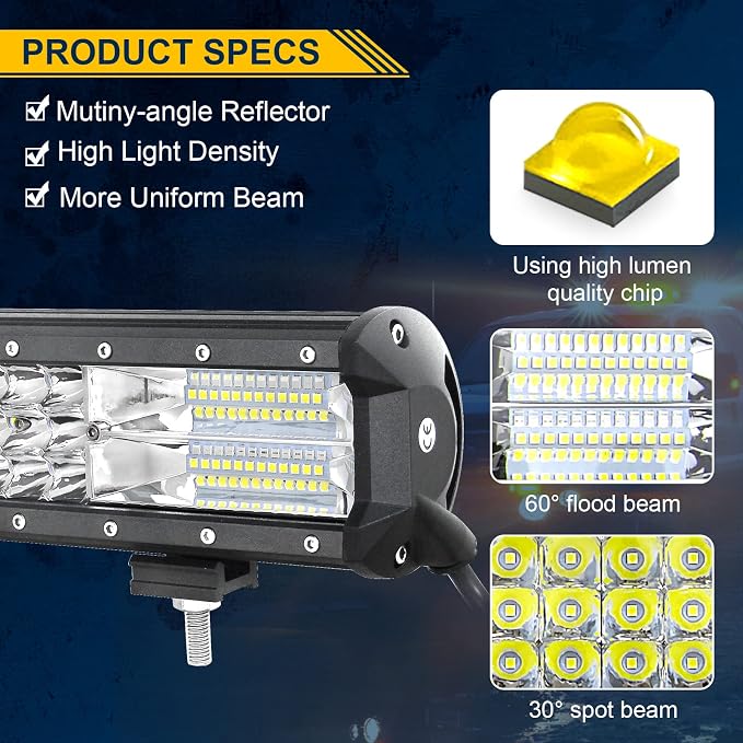 Willpower 20 inch 288W Triple Row Flood Spot Beam Led Light Bar Off Road Driving Lights for Vehicle Jeep SUV Truck ATVs Boat,DC 12V 24V Waterproof(20 inch)
