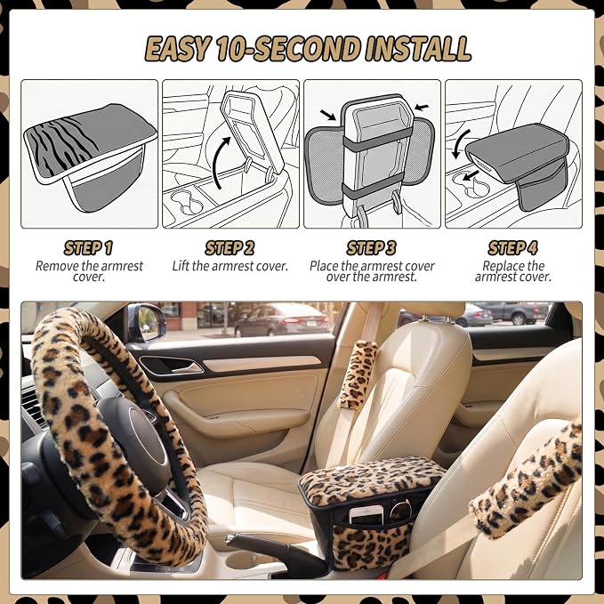 5 Pcs Fuzzy Animal Print Car Accessories Set, Soft Fluffy Plush Steering Wheel Cover, Center Console Armrest Pad & Rearview Mirror Cover - Interior Decorations for Women,Universal Fit (Leopard Print)
