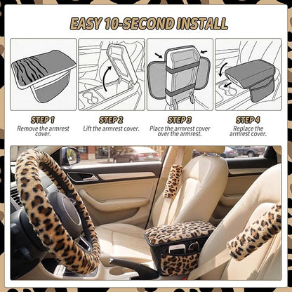 5 Pcs Fuzzy Animal Print Car Accessories Set, Soft Fluffy Plush Steering Wheel Cover, Center Console Armrest Pad & Rearview Mirror Cover - Interior Decorations for Women,Universal Fit (Leopard Print)