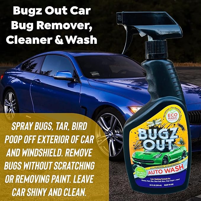 Bugz Out Car Bug Cleaner, Remover and Wash - Spray Bugs, Tar, Bird Poop Off Exterior of Car and Windshield. Remove Black Streaks Without Scratching or Removing Paint. 24 oz spray bottle with