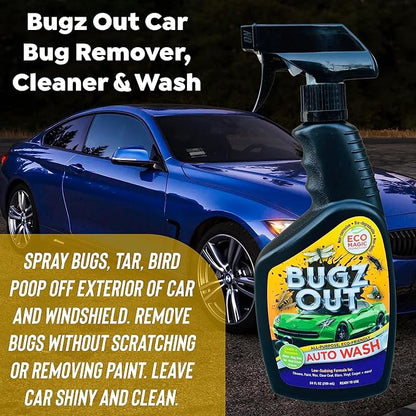 Bugz Out Car Bug Cleaner, Remover and Wash - Spray Bugs, Tar, Bird Poop Off Exterior of Car and Windshield. Remove Black Streaks Without Scratching or Removing Paint. 24 oz spray bottle with