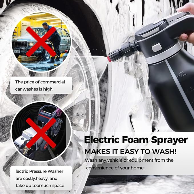 Electric Foam Sprayer,2L Portable Rechargeable Cordless Pressurized Spray Foam Cannon, Easy Clean & Acid Resistant for Car Wash Detailing Garden Black (Electric Foam Sprayer 1.0)