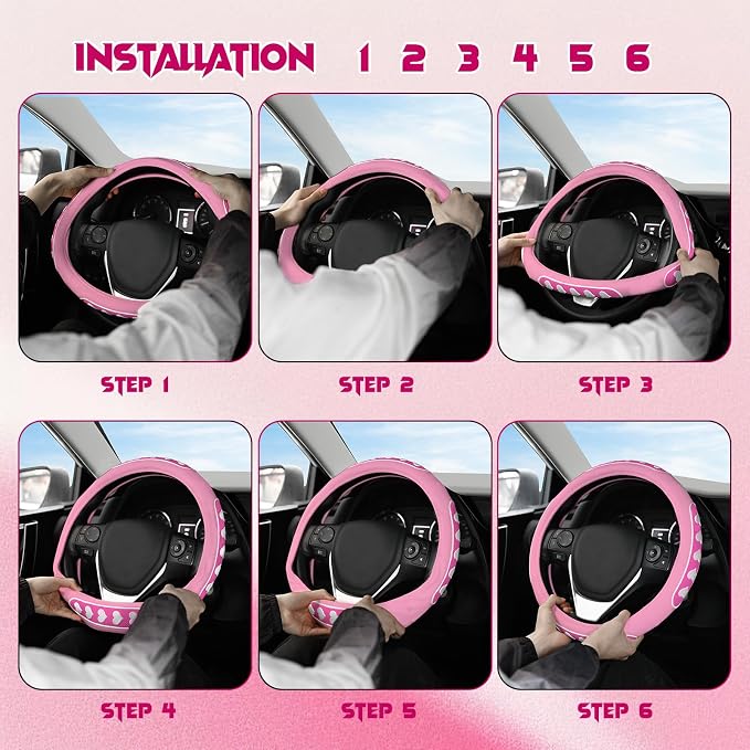 Ventilated Heart-Shaped Steering Wheel Cover with Anti-Slip Leather Grip. Compatible with Ford, Toyota, Honda, Nissan, and Chevrolet Vehicles for 14.5-15.2 inch Round Steering Wheels.