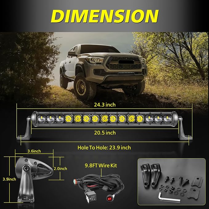 20 Inch Light Bar Kit, AKD Part 105W OSRAM LED Slim Single Row LED Light Bar w/Wiring Harness Black Cover Offroad Driving Light Bumper Grille Lights for Trucks Pickup SUV UTV ATV Toyota GMC