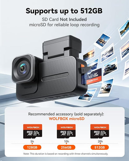 WOLFBOX X5 3 Channel 4K HDR Dash Cam, STARVIS 2 IMX678 8MP Night Vision, 4K+2.5K+1080P Front and Rear Inside Car Camera GPS, Support Voice Control,Touch Screen and 5.8GHz WiFi (Card Not Included)