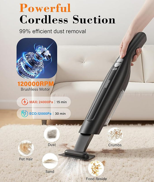 Cordless Handheld Vacuum,24KPA Powerful Hand Held Vacuum,Portable Rechargeable Car Vacuum Cleaner with Brushless Motor,Charging Dock and Washable Filter for Car,Home,Office,Pet Pair,Black