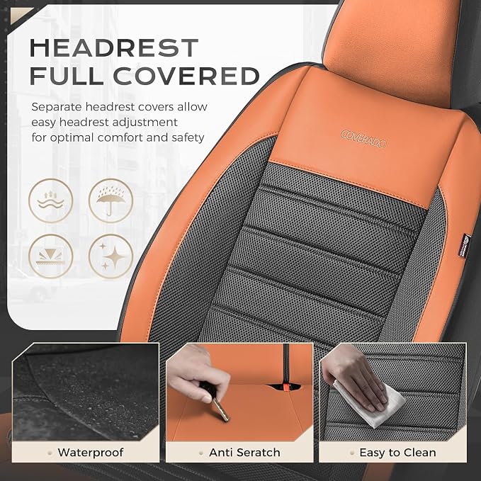 Coverado Car Seat Covers Front Seat, Luxury Leather Car Seat Protector, Automotive Front Mesh Seat Covers, Orange&Black Seat Cushion for SUV Sedan Truck
