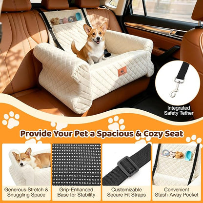 Dog Car Seat for Medium/Large Dogs up to 60 lbs, Memory Foam Dog Booster Seat with Thick Cushion, Pet Car Seat for Back with Detachable Washable Cover, Storage Pockets for SUV, Pick Up, Trunk, White