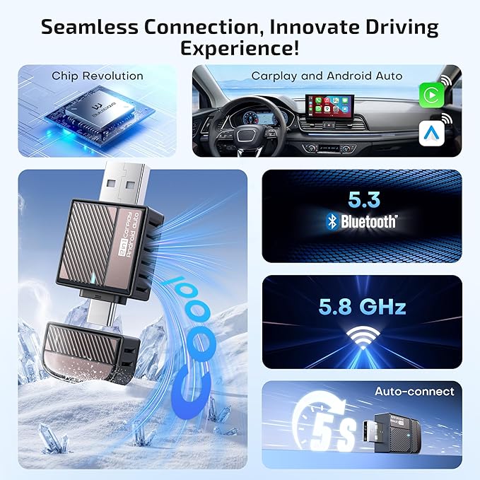 ByteWave Wireless Android Auto & CarPlay Adapter 2-in-1 Converts Wired to Wireless 2025 Upgraded, Plug-and-Play Dongle with Low Latency, Connect for iOS10+/Android 11+ Cars