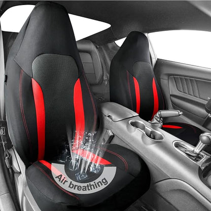 CAR PASS Bucket Car Seat Cover, Breathable 3D Air Mesh-100% Sporty Fabric Front Seats, Airbag Compatible, Universal Fit Automotive SUV Truck Sedan Vans Women, High Back Two Front 2 Piece, Black Red