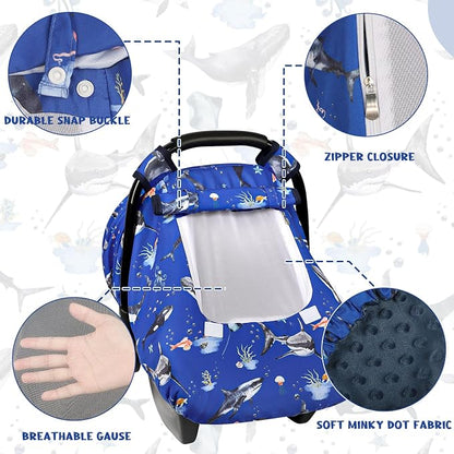 Pea Pod Car Seat Cover Baby, Infant Car Seat Canopy Covers for Newborn with 2 Layers Windows of Breathable Mesh Fabric, Lightweight Polyester/Soft Minky Dot Backing (Ocean)