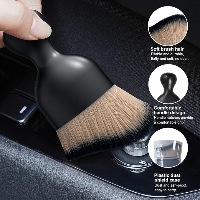 Ziciner Car Detailing Brush, Curved Soft Bristles Auto Removal Dust Collectors, Universal Vehicle Dashboard, Air Conditioner Vents etc Interior Cleaning Tool Accessory (Brown/Black)