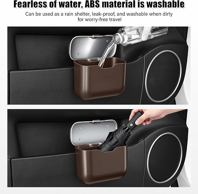 UYYE Car Trash Can, Car Garbage Bin with Lid & Handle - Leak-Proof Mini Trash Can for Car, Truck, SUV - Essential Car Accessories for Organization (Brown)