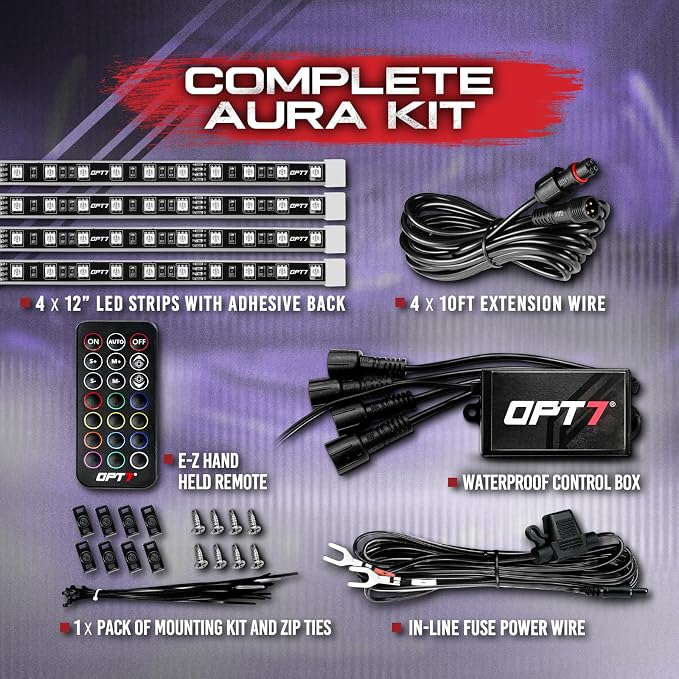 OPT7 Aura Engine Bay RGB LED Light Kit with Remote Control, 4 pc 12" Waterproof Under Hood Light Strips, Multicolor Mode, Exterior Neon Accent Lighting for Cars Trucks SUVs Vans, Universal Car Décor