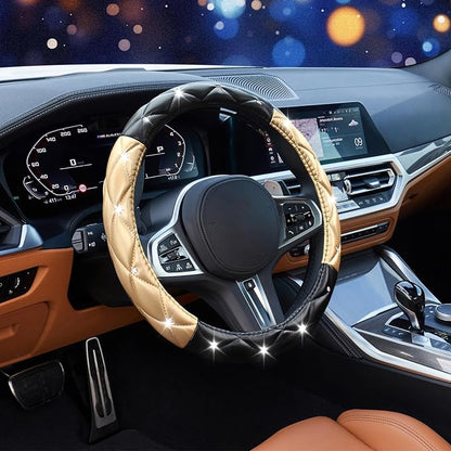 SuperKaKa Black and Gold Steering Wheel Cover, Auto Cute Diamond Bling Soft Comfort Leather Car Interior Accessories Protector Sparkly Fit Most O-Shaped Steering Wheels