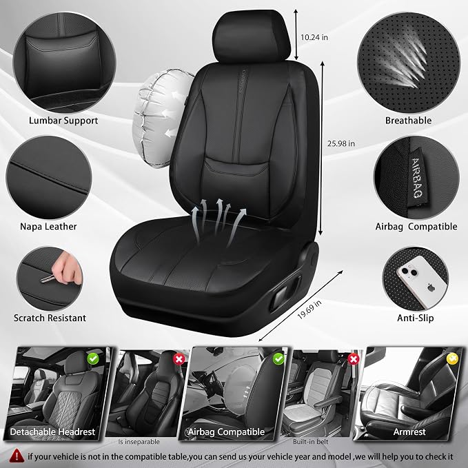 CAR PASS Nappa Leather Car Seat Covers, Water Resistant 3D Foam Faux Leather Seat Covers, Lumbar Support Automotive Seat Covers 2 Front Seats, Comfort & Universal Fit for Cars SUV Truck, Solid Black