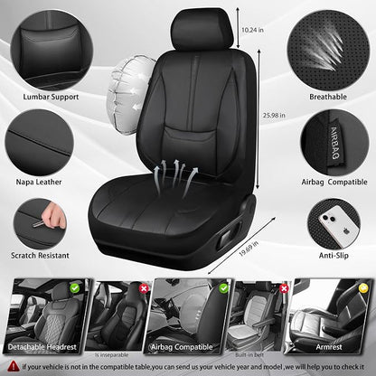 CAR PASS Nappa Leather Car Seat Covers, Water Resistant 3D Foam Faux Leather Seat Covers, Lumbar Support Automotive Seat Covers 2 Front Seats, Comfort & Universal Fit for Cars SUV Truck, Solid Black