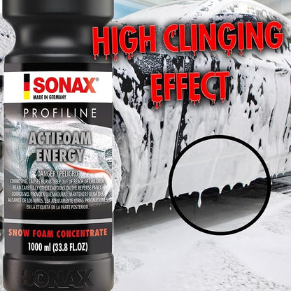 SONAX ActiFoam Energy 618300 | High-Foaming Car Wash Shampoo | Powerful Dirt Removal with Fresh Scent | Safe for All Paint Wax Sealants & Coatings | Use with Foam Cannon or Bucket | 1L (33.8oz)