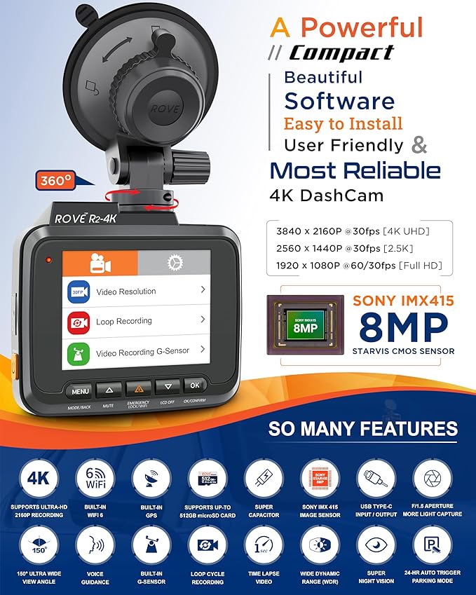 ROVE R2-4K Dash Cam, 4K UHD 2160P Car Camera with 8MP CMOS Sensor, Built-in WiFi 6 and GPS, Dash Camera For Cars with 2.4" Screen, Super Night Vision, 150" Wide Angle, Parking Mode, Supports 512GB Max