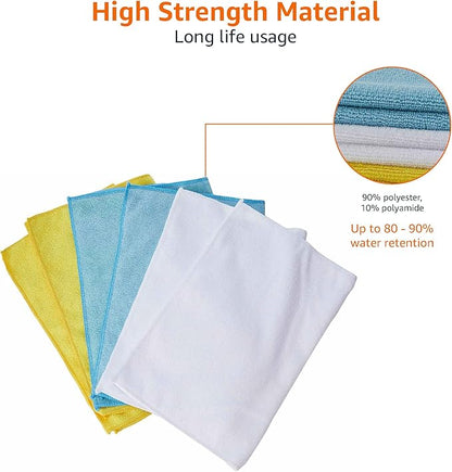 Amazon Basics Microfiber Cleaning Cloths for Cars, Non-Abrasive, Highly Absorbent, Lint and Scratch-Free, Reusable and Washable, Car Detailing Towels, 16" x 12", Blue/White/Yellow, 144-Pack