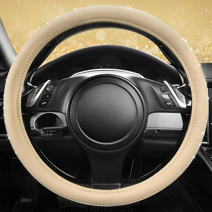 CAR PASS Bling Diamond Beige Leather Steering Wheel Cover, White Sparkly Crystal Glitter Rhinestones Universal Fit 14" 1/2-15" Car Wheel Protector for Women Girl Fit Suvs,Vans,Sedans,Trucks, Beige