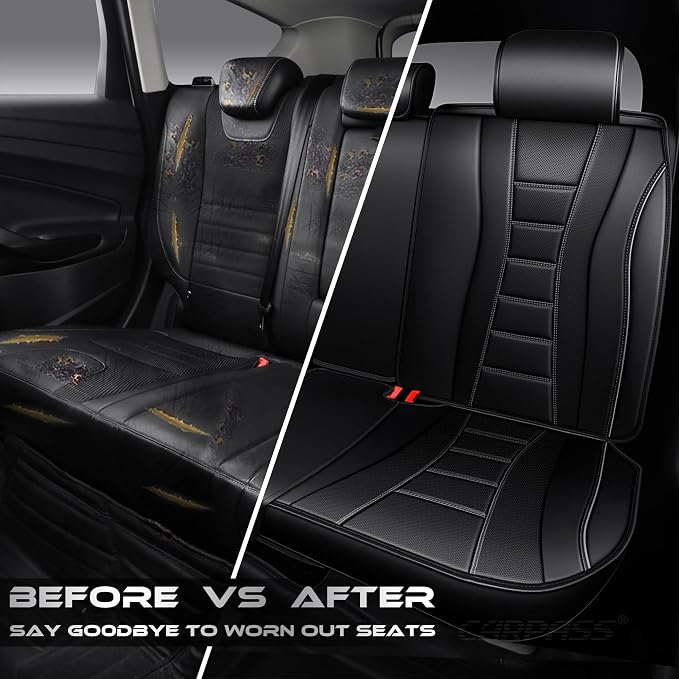 CAR PASS Nappa Leather Back Seat Covers, Universal FIT Piping Leather Rear Seat Cover for Cars,Sedan,SUV,Truck 3D Foam Waterproof Breathable Luxury Seat Covers, Comfort Durable Airbag Compatible Black