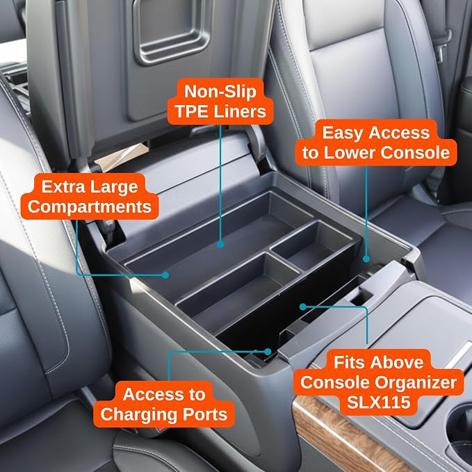 Vehicle OCD Center Console Divider & Tray Organizer for Chevy Silverado 1500 / GMC Sierra 1500 (2014-2018) & 2500/3500 HD (2015-2019) (Full Console w/Bucket Seats ONLY) - Made in USA - SLX505