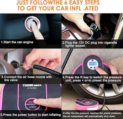 THINKWORK Car Emergency Kit for Teen Girl and Lady's Gifts, Pink Emergency Roadside Assistance kit with Digital Air Compressor, 10FT Jumper, First Aid Kit, and More Ideal Pink Car Accessories Tool -E7