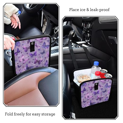 Car Trash Can Organizer Bin with Adjustable Strap for Back Front Seat Console Waterproof Leakproof Collapsible Portable 8.66 Inch Purple Dreamy Butterflies and Stars