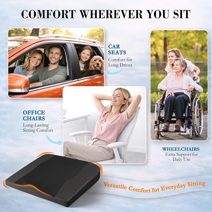 Lofty Aim Car Seat Cushion, Comfort Memory Foam Car Cushions for Driving - Sciatica & Lower Back Pain Relief, Driver Seat Pillow for Auto, Office Chair, Wheelchair - Black
