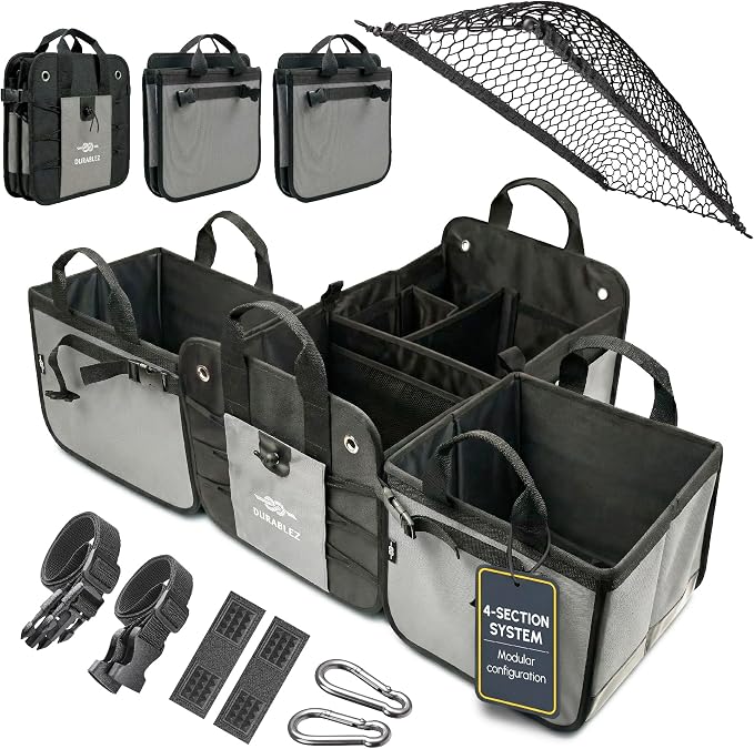 Modular 4-Section XL Trunk Organizer – Car Storage for Groceries, Tools, Sports Gear, Emergency Kits – Extra Large Multi-Compartment Cargo Box, Collapsible & Heavy Duty – Gray