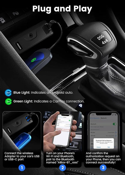 Upgraded Android Auto Wireless Adapter for Cars 2017+, 2 in 1 Wireless Carplay Adapter for iPhone,Compatible with iOS 10+/Android 11+, Plug & Play,Near-Zero Latency