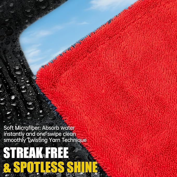 ThinkLearn 3-Pack Car Drying Towel-Microfiber Extra Large Towels for Cars(59"x24"), Ultra-Absorbent, Scratch & Streak Free, 1300 GSM, Twisted-Loop Cleaning Cloth for Truck, SUV, Car Accessories, Red