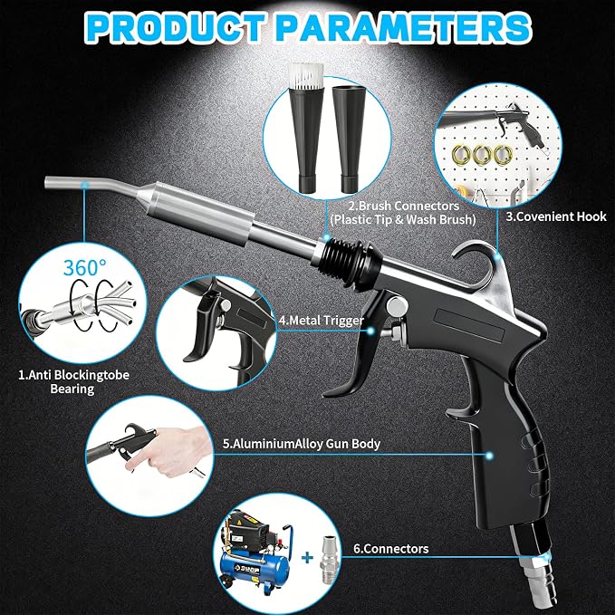 JUSTHERE Detailing Car Cleaning Gun Interior Dryer Air Blow Gun, High Pressure Blower Gun with 5 Pcs Brushes for Auto Carpet Seats Dashboard Console Cleaning