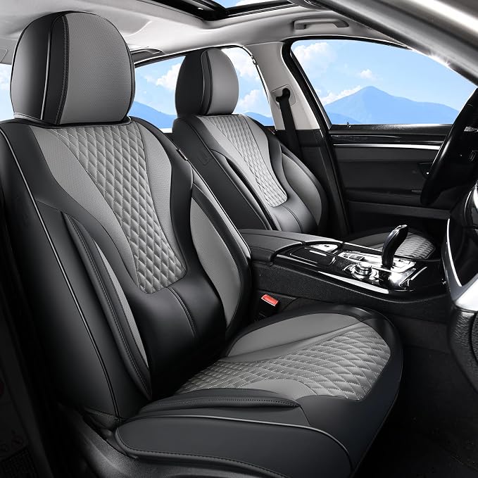 Coverado Waterproof Nappa Leather Car Seat Covers, Automotive Fullset Seat Covers, 5 Seat Car Seat Cushion & Protector, Black&Gray Front and Rear Covers Universal Fit for Most Cars, SUVs, Trucks