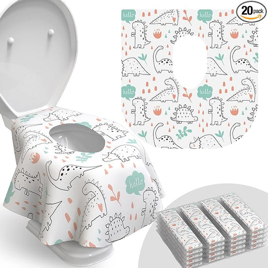 Relyo Disposable Toilet Seat Cover for Travel – 20 Pack with Covers Wrapped in Sets of 2, Non-Flushable Liners, Fits Most Seats – Kids, Toddlers, Adults (Dinosaurs, 20)