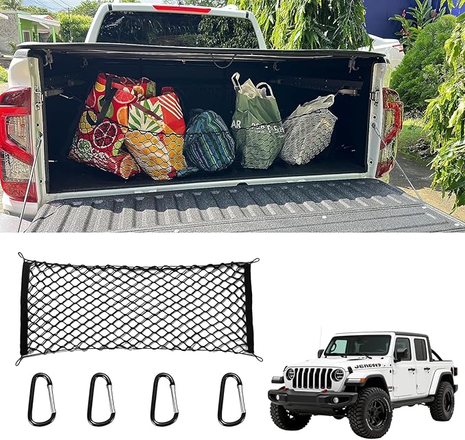 for Jeep Gladiator Envelope Style Truck Bed Cargo Net - Fits 2013-2024 2025 2026 Gladiator Accessories Cargo Net for Pickup Truck Bed - Heavy Duty Carabiners