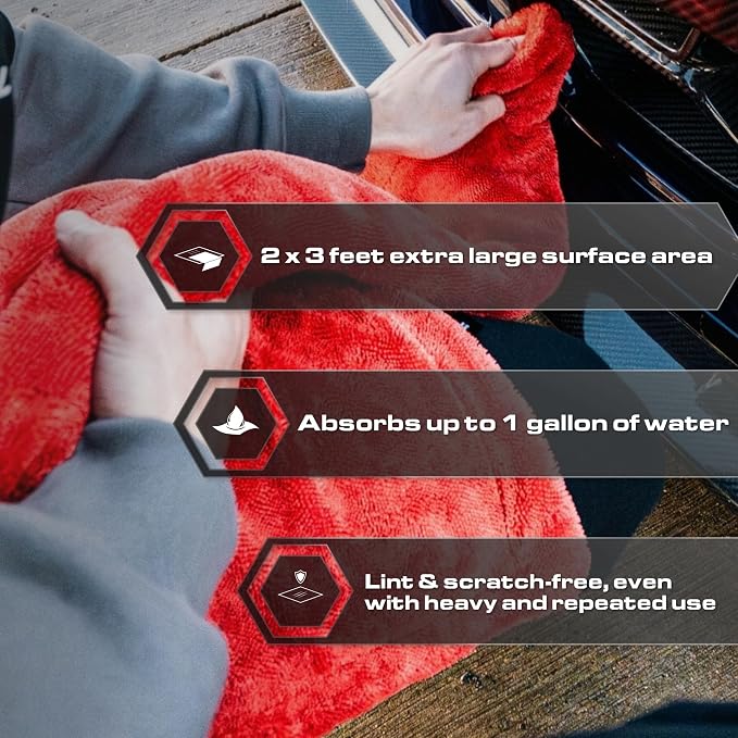 Blackline Car Drying Towel - 2ft x 3ft XL-Popular Pick Among Detailing Pros - 1300 GSM Microfiber Towel - Absorbs Over 8lbs of Water - Leaves No Streaks, Spots or Scratches - Dries an Entire Car