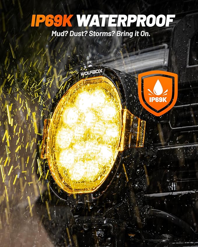 WOLFBOX 7 Inch LED Off Road Lights with True Power Lumens- Heavy Duty Driving Lights, High Output Beam Bumper Lights for Pickup SUV, Hardcore Industrial Grade Auxiliary Pods, IP69K Waterproof