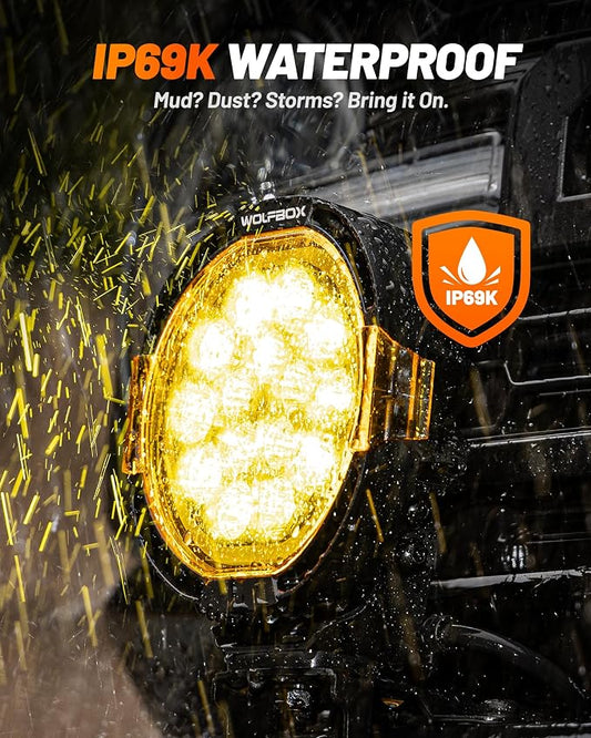 WOLFBOX 7 Inch LED Off Road Lights with True Power Lumens- Heavy Duty Driving Lights, High Output Beam Bumper Lights for Pickup SUV, Hardcore Industrial Grade Auxiliary Pods, IP69K Waterproof