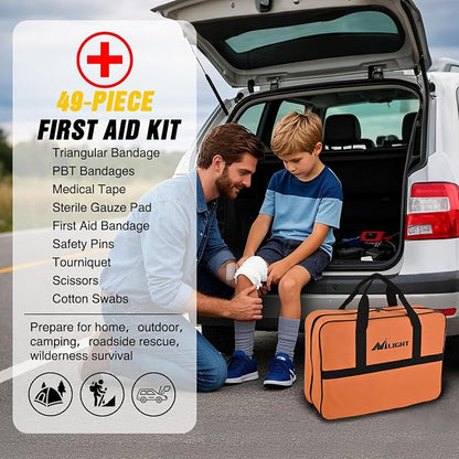 Nilight Car Emergency Kit with Jumper Cable, First Aid Kit Safety Assistance Tools for Travel Camping Outdoor Cars Truck SUV RV, Roadside Essentials with Flash Light