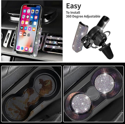 CAR PASS 23 PCS Bling Diamond Car Accessories Set for Women, Leather Car Seat Covers Full Set Sparkly Rhinestone15'' Steering Wheel Covers Shining Diamond Floor Mats Car Interior Sets, Multicolor