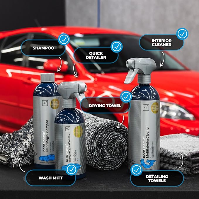 The Rag Company - Premium Car Cleaning Kit - Includes Car Wash Soap, Car Interior Cleaner, Exterior Spray, Drying Towel, Wash Mitt, Microfiber Towels - 8 Piece Kit