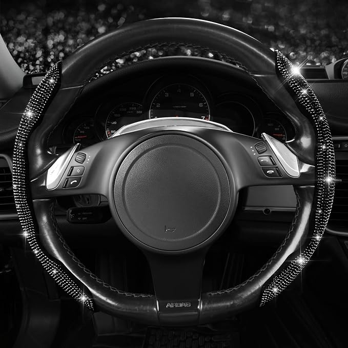 CAR PASS 2PCS Bling Diamond Segmented Steering Wheel Cover with Crystal Rhinestones, Wheel Protector Non-Slip Cute Car Accessories Universal Fit D-Shape O-Shape 14.5" to 16" for Women, Black Diamond