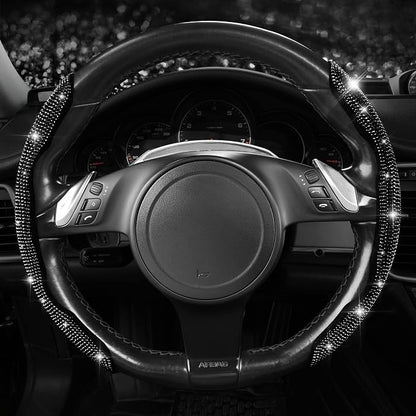 CAR PASS 2PCS Bling Diamond Segmented Steering Wheel Cover with Crystal Rhinestones, Wheel Protector Non-Slip Cute Car Accessories Universal Fit D-Shape O-Shape 14.5" to 16" for Women, Black Diamond