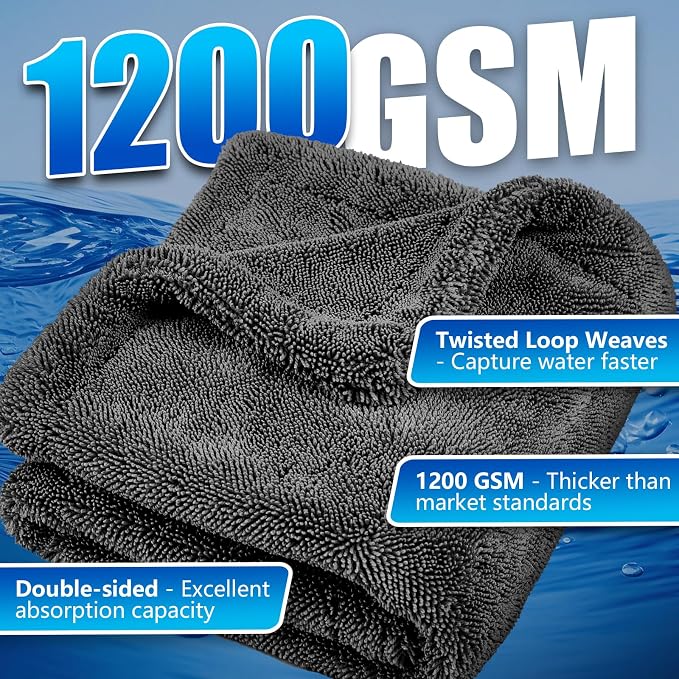 Airlab Car Drying Towel Microfiber Towels for Cars 1200 GSM Wash Auto Detailing Supplies Twist Pile Cleaning Cloth Absorbent Quick Dry Soft Loop Dry Flash Towel, 24 x 16 Inch, Pack of 1, Grey
