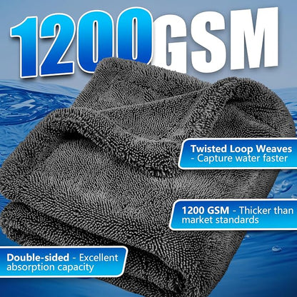Airlab Car Drying Towel Microfiber Towels for Cars 1200 GSM Wash Auto Detailing Supplies Twist Pile Cleaning Cloth Absorbent Quick Dry Soft Loop Dry Flash Towel, 24 x 16 Inch, Pack of 1, Grey