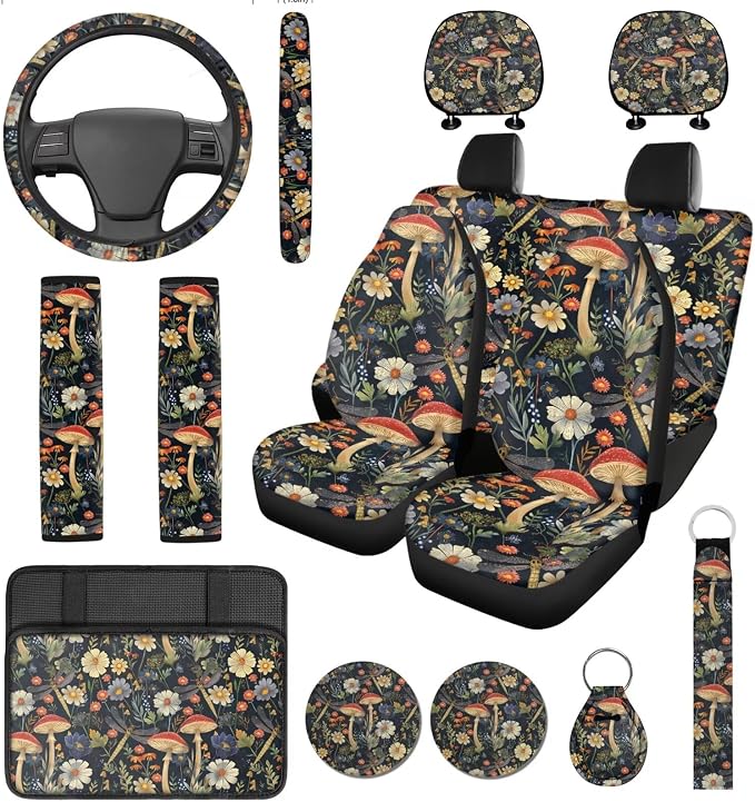 14 Pack Vintage Mushroom Car Seat Covers with Steering Wheel Protector,Armrest Cover, Seat Belt Cushion, Headrest Protector Car Coaster Keychain Universal for Most Cars SUV Trucks - Black