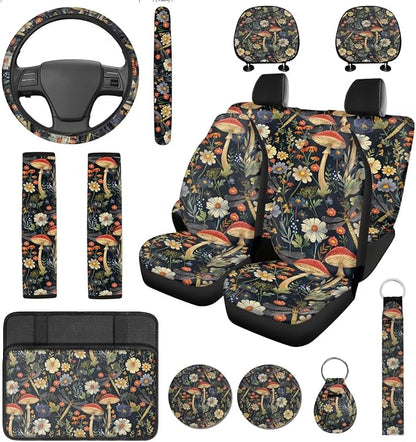 14 Pack Vintage Mushroom Car Seat Covers with Steering Wheel Protector,Armrest Cover, Seat Belt Cushion, Headrest Protector Car Coaster Keychain Universal for Most Cars SUV Trucks - Black
