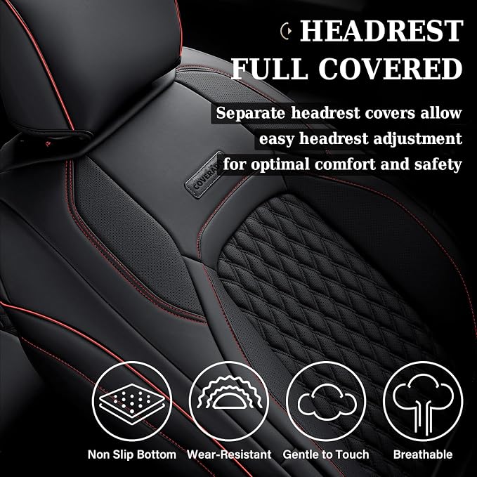 Coverado Car Seat Covers Full Set, Seat Covers for Dodge RAM 1500 Compatible with 2009-2018 Ram 1500, 2010-2024 Ram 2500 3500 Dodge RAM Accessories Automotive Seat Covers (Red line)